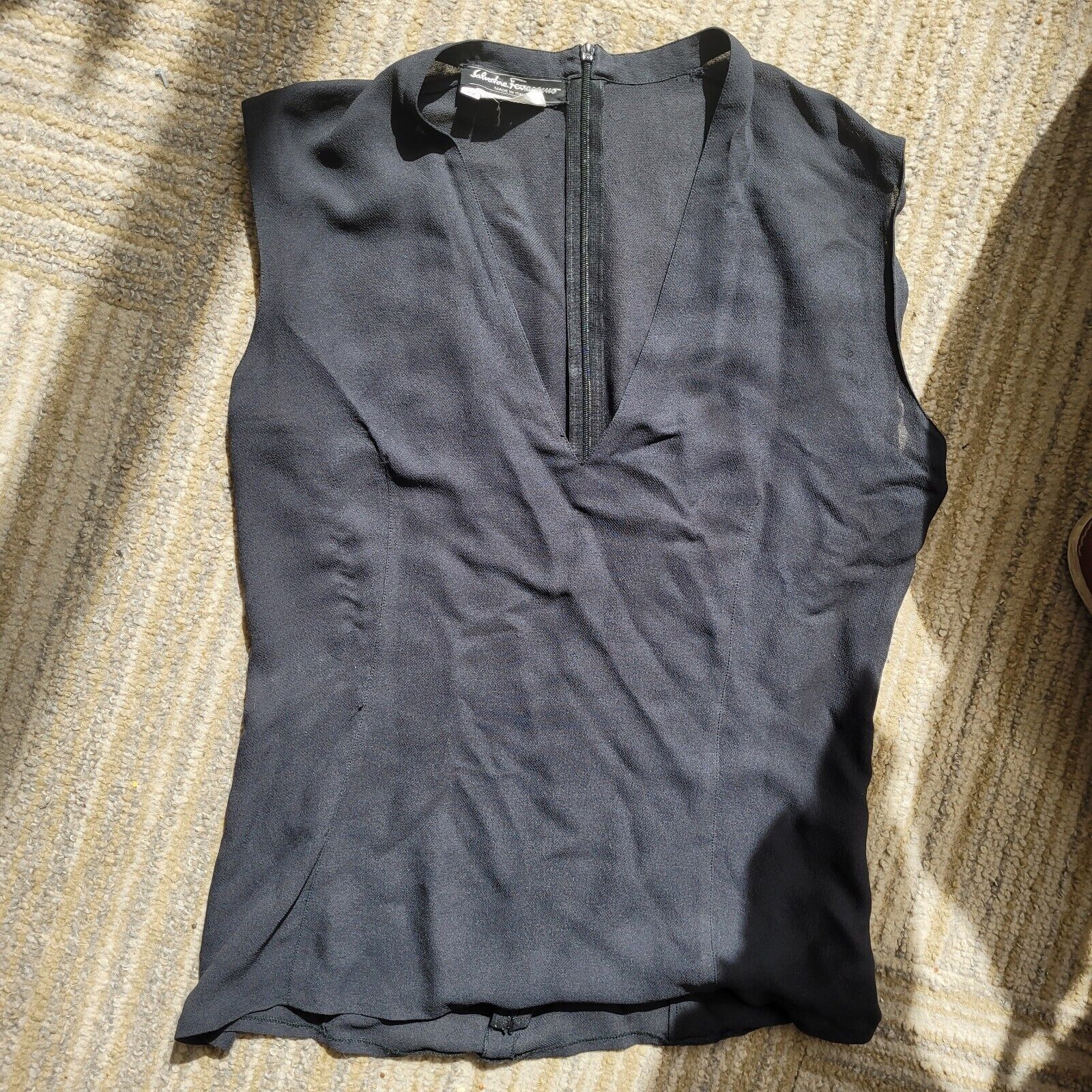 Vintage Salvatore Ferragamo Sheer Silk Black Sleeveless Blouse 42